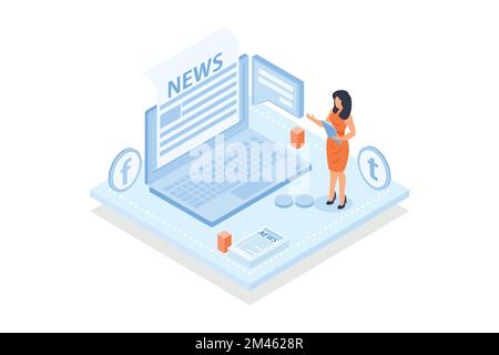 Modèle conceptuel avec une personne assise devant un ordinateur portable et lisant le journal à l'écran. Pour un abonnement à la newsletter ou aux actualités via Illustration de Vecteur