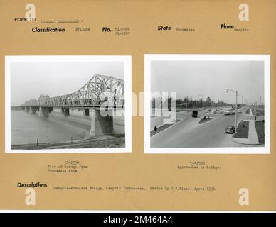 Memphis-Arkansas Bridge, Memphis, Tennessee. Légende originale : 50-5254. Memphis-Arkansas Bridge, Memphis, Tennessee. Vue sur le pont depuis le Tennessee. Photos de T. W. Kines, avril 1951. Légende originale : 50-5255. Memphis-Arkansas Bridge, Memphis, Tennessee. Approches du pont. Photos de T. W. Kines, avril 1951. État: Tennessee. Lieu: Memphis. Banque D'Images