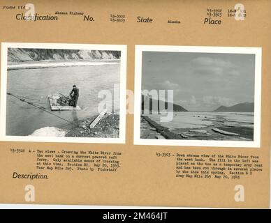 Vues de la rivière White à la section B2, près de la carte de l'armée, point milliaire 269. Légende originale: 43-3902 A - deux vues - traverser la rivière White depuis la rive est sur un traversier à radeau électrique actuel. Seul moyen de traversée disponible pour le moment. Article B2. 20 mai 1943. Près de la carte Mile 269. Photo de Pinkstaff. Légende originale : 43-3903. Vue sur la rivière White depuis la rive ouest. Le remblai de gauche a été placé sur la glace comme une route militaire temporaire et a été coupé à plusieurs endroits par le dégel ce printemps. Section B 2 carte de l'armée Mile 269. 20 mai 1943. État: Alaska. Banque D'Images