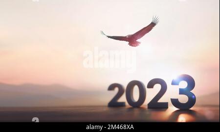 2023 nouvel an lever le soleil et le lever du soleil et un aigle volant haut dans le ciel avec ses ailes larges ouvertes Banque D'Images