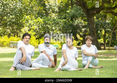 Groupe de personnes âgées indiennes portant des nappes blanches faisant du yoga ensemble à l'extérieur du parc d'été. Banque D'Images