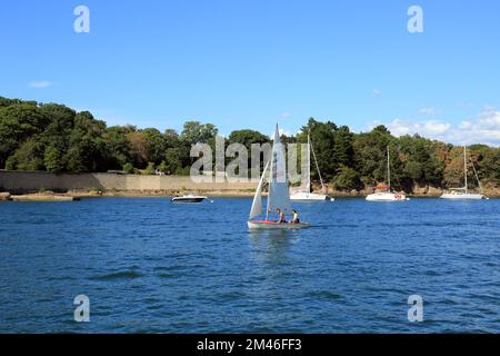 Petit yacht et vue sur la plage de Kerguen depuis le Golfe du Morbihan, Arradon, Morbihan, Bretagne, France Banque D'Images