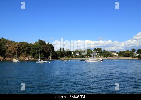 Vue sur la plage du Kerguen depuis le Golfe du Morbihan, Arradon, Morbihan, Bretagne, France Banque D'Images