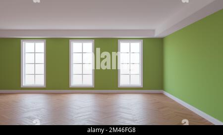 Chambre avec murs verts, plafond blanc et Conrnice, trois grandes fenêtres, parquet à chevrons et un Plinth blanc. Magnifique concept de l'intérieur, rendu 3D. 8K Ultra HD, 7680 x 4320, 300 dpi Banque D'Images