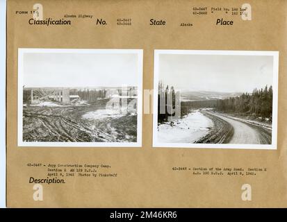 Jupp Construction Company Camp et Army Road section. Légende originale: 43-3447: Jupp Construction Company Camp. SECTION E AM 129 N.S.J. Légende originale : 43-3448: Section of the Army Road. SECTION E A.M. 130 N.S.J. Photos de Pinkstaff, 8 avril 1943. État: Alaska. Banque D'Images