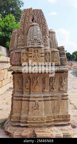 Détails de la sculpture d'un temple au lac Munsar, Viramgam, Ahmedabad, Gujarat, Inde. Banque D'Images