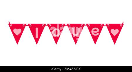 Guirlande festive de drapeaux triangulaires avec l'inscription AMOUR et coeurs. Un joli motif pour la Saint-Valentin, l'anniversaire ou le carnaval. Vecteur Illustration de Vecteur