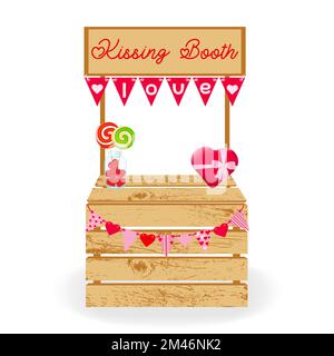 Cabine de baiser. Concept mignon pour la Saint-Valentin, le mariage ou l'anniversaire. Kiosque de baiser de carnaval avec drapeaux. Illustration vectorielle. Illustration de Vecteur