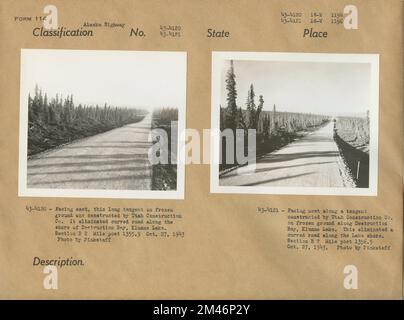 Tangent construit sur un sol gelé le long de la baie de destruction, lac Kluane. Légende originale: 43-4120: Orientée vers l'est, cette longue tangente sur sol gelé a été construite par Utah Construction Co Il a éliminé la route incurvée le long de la rive de la baie de destruction, au lac Kluane. Section B 2. Mille après 1355,9. Photo de Pinkstaff. Légende originale: 43-4121: Face à l'ouest le long d'une tangente construite par Utah Construction Co. Sur un sol gelé le long de la baie de destruction, lac Kluane. Cela a éliminé une route courbe le long de la rive du lac. Section B 2. Mille après 1356,5. Photo de Pinkstaff. État: Alaska. Banque D'Images