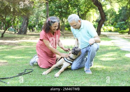 Joyeux couple indien senior jouant avec un chien dans le parc d'été. La vie de retraite, les retraités qui profitent de la vie dans le jardin. amuse-toi bien. Banque D'Images