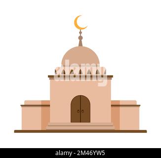 Ancien temple, façade de la mosquée musulmane avec murs en pierre, portes en bois, dôme et symbole croissant sur le dessus. Bâtiment religieux pour les prières plat. vecteur isol Illustration de Vecteur