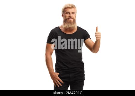 Un petit garçon avec une barbe et des moustaches montrant les pouces isolés sur fond blanc Banque D'Images