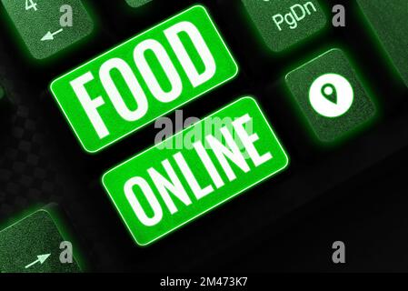 Légende conceptuelle Food Online. Vitrine d'affaires demandant quelque chose à manger à l'aide de l'application de téléphone ou du site Web Banque D'Images