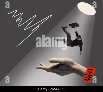 Collage d'art contemporain. Homme d'affaires tombant sur une main humaine géante. Défaillance professionnelle et assistance Banque D'Images