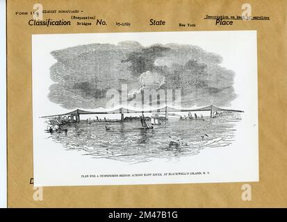 Planifier un pont suspendu à travers East River. Légende originale : projet de pont au-dessus des deux canaux de East River à l'extrémité nord de l'île Blackwell pour relier New York sur l'île Manhattan à long Island. Le New York Terminus devait être entre 65th et 75th rues. Longueur totale proposée du pont de 2108 pieds. Voie de passage au-dessus d'une altitude en eau élevée de 120 pieds. Du magazine familial ou Résumé mensuel des connaissances générales. Vol. 2 1837. Publié par El. Taylor. Cincinnati, Ohio page 363 AP 2 F 182 Congressional Lib. État: New York. Banque D'Images