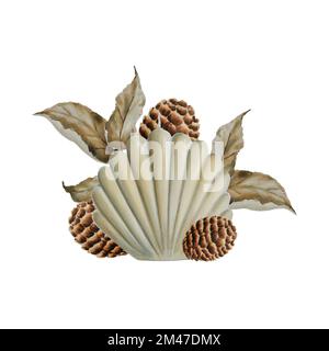 Composition aquarelle avec des cônes de pin, des bougies et des feuilles Banque D'Images