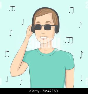 Amoureux de la musique dans les lunettes de soleil écouter de la musique dans les écouteurs. Illustration vectorielle. Illustration de Vecteur