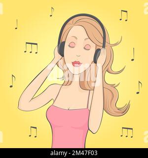 Une fille écoute de la musique dans un casque. Dessin animé. Illustration vectorielle. Illustration de Vecteur