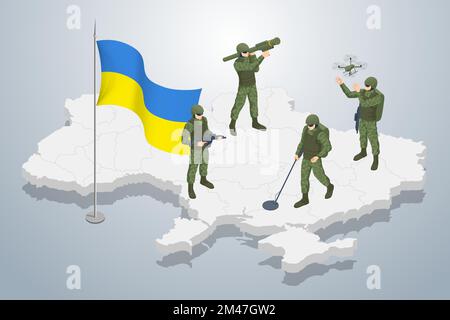 Soldat ukrainien isométrique sur le fond de la carte de l'Ukraine et du frag national. Police militaire des Forces spéciales, membre de l'équipe de la sout. Armée Illustration de Vecteur