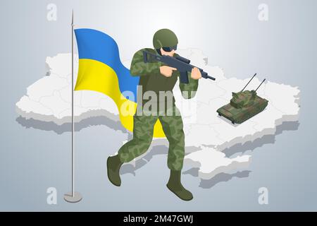 Soldat ukrainien isométrique sur le fond de la carte de l'Ukraine et du frag national. Police militaire des Forces spéciales, membre de l'équipe de la sout. Armée Illustration de Vecteur