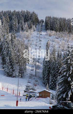 Remontée mécanique à travers les pins à la Clusaz (Manigod), Croix Fry, hiver dans les Alpes françaises. Banque D'Images