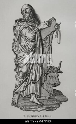 Saint Luc l'évangéliste. Auteur de l'un des quatre Evangiles canoniques et des actes des Apôtres. Gravure. 'Los Héroes y las Grandezas de la Tierra'. Volume I. 1854. Banque D'Images