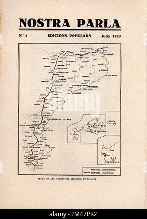 Catalogne. Portada de la revista Nostra parla, número 1, publicada en Barcelona, Junio 1923. Mapa de los territorios de habla de la lengua catalana. Banque D'Images