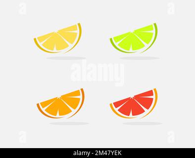 Citron jaune, citron vert, orange o mandarines et fruits de raisin frais et biologiques coupés en tranches isolées sur fond blanc, logo ou icône Illustration de Vecteur