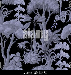 Motif sans couture avec arbres et plantes de jungle monochromes. Vecteur. Illustration de Vecteur