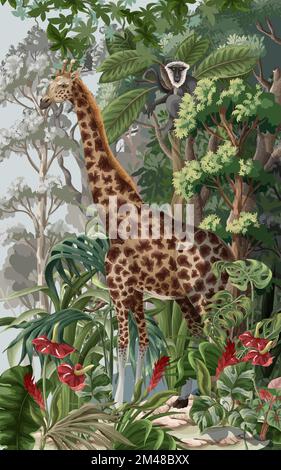 Paysage de la jungle avec girafe sauvage et singe pour les enfants. Vecteur. Illustration de Vecteur
