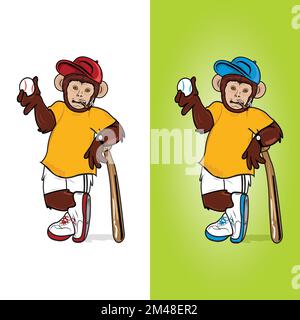 Motif vectoriel de mascotte de singe jouant au cricket et au tabac Illustration de Vecteur