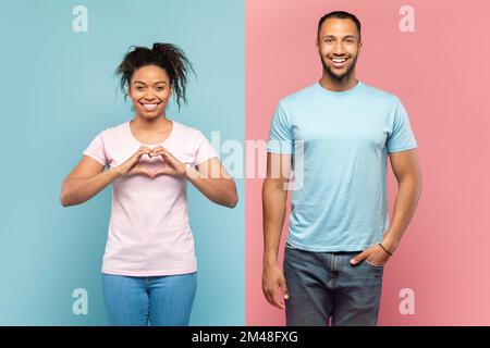 Bonne femme noire faisant le geste de coeur, exprimant l'amour et les bons sentiments, homme debout près avec le sourire Toothy Banque D'Images