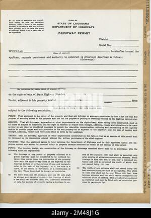 Département des autoroutes de l'État de Louisiane : permis d'entrée. Légende originale: DRIVE-IN THEATRE STUDY, 1949, par American Association of State Highway Officials. Département de la Voirie de l'État de Louisiane : permis d'entrée, page 1. Banque D'Images