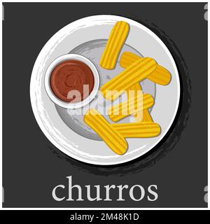 Un bâtonnet de churros sur une assiette de sauce au chocolat. Illustration de Vecteur