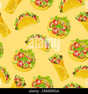 Motif sans couture avec tacos, burritos et tostadas. Illustration de Vecteur