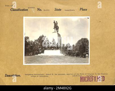 Champ de bataille de Gettysburg - Robert E. Lee Monument. Légende originale : champ de bataille de Gettysburg - monument Robert E. Lee, mémorial de l'État de Virginie aux troupes de Virginie à Gettysburg. J. K. Hillers. État: Pennsylvanie. Banque D'Images