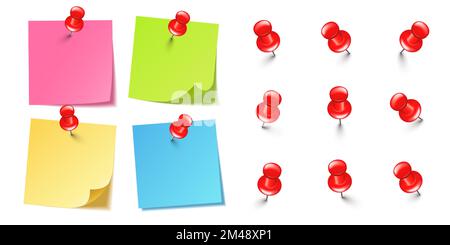 Notes adhésives vierges réalistes isolées sur fond blanc. Feuilles de papier à notes colorées avec punaises rouges. Rappel papier et goupille en plastique avec Illustration de Vecteur