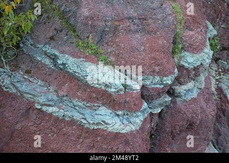 Couches sédimentaires d'argilite dans Red Rock Canyon, Waterton, Canada. La couleur rouge est du fer oxydé. Les bandes vertes contiennent du fer non oxydé Banque D'Images