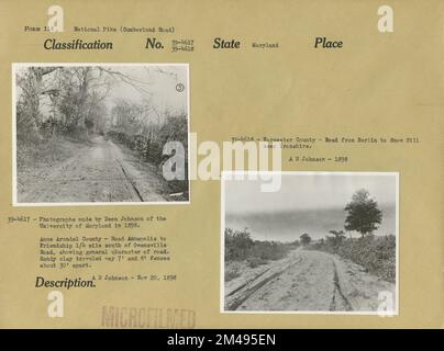 Comté d'Anne Arundel et Comté de Worcester. Légende originale (39-4617) : photographies faites par Dean Johnson de l'Université du Maryland en 1898. Anne Arundel County - route Annapolis to Friendship 1/4 mile au sud de Owensville Road, montrant le caractère général de la route. L'argile sablonneuse a parcouru des clôtures de 7' et 8' à environ 30' d'écart. A. N. Johnson - 20 novembre 1898. Légende originale (39-4618): Worcester County - route de Berlin à Snow Hill près d'Ironshire. A. N. Johnson - 1898. État: Maryland. Banque D'Images
