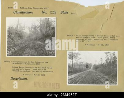 Comté de Prince George. Légende originale (39-4613) : photographies faites par Dean Johnson de l'Université du Maryland en 1898. Comté de Prince George - Clay route beaucoup de routté et coupé par le voyage. La route doit être élargie et drainée. Couper par l'eau de pluie. A. N. Johnson - 22 novembre 1898. Légende originale (39-4614): Prince George County - Central Avenue 2-1/2 miles à l'est de District Line. Indique le caractère général de la route en pente. Sol argileux sablonneux. Le trajet parcouru est de 10 à 12 pi. A. N. Johnson - 22 novembre 1898. État: Maryland. Banque D'Images