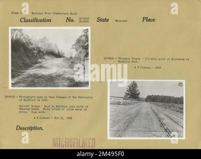 Comté de Calvert et Comté de Wicomico. Légende originale (39-4619) : photographies faites par Dean Johnson de l'Université du Maryland en 1898. Calvert County - route vers Marlboro juste au nord de Hunting Creek. Indique l'effet de la tempête sur les collines. Terre argileuse. A. N. Johnson - 21 novembre 1898. Légende originale (39-4620): Wicomico County - 1/2 km au nord de Salisbury sur Mardella Road. A. N. Johnson - 1898. État: Maryland. Banque D'Images