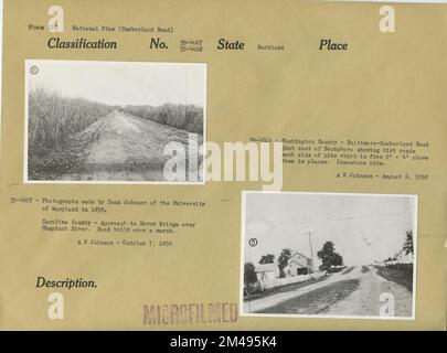 Caroline County et Washington County. Légende originale (39-4607) : photographies faites par Dean Johnson de l'Université du Maryland en 1898. Caroline County - approche du pont de Douvres au-dessus de la rivière Choptank. Route construite sur un marais. A. N. Johnson - 7 octobre 1898. Légende originale (39-4608): Washington County - Baltimore-Cumberland Road juste à l'est de Boonesboro montrant des routes de terre de chaque côté du brochet qui est de 2' - 4' au-dessus d'eux dans des endroits. Brochet calcaire. A. N. Johnson - 6 août 1898. État: Maryland. Banque D'Images