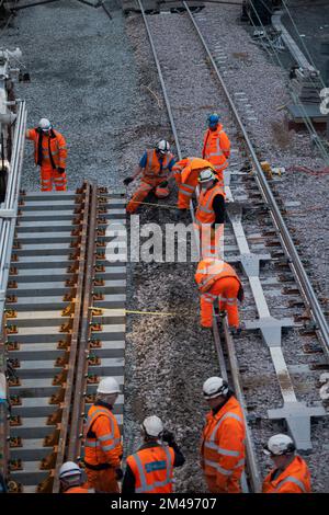 Oxenholme Lake District Le remplacement de la voie et de points à l'extrémité sud de gare travaux en cours pour le compte de Network Rail pour remplacer les boucles de l'accès à des points Banque D'Images