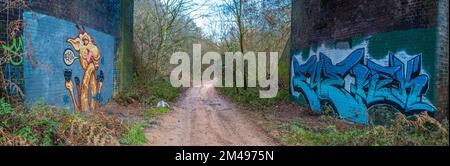 Graffiti mural et pourboire à l'intérieur d'un tunnel routier abandonné. Banque D'Images