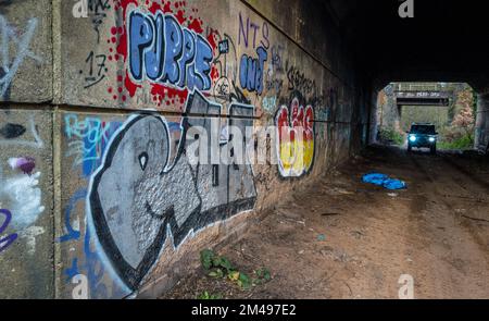 Graffiti mural et pourboire à l'intérieur d'un tunnel routier abandonné. Banque D'Images