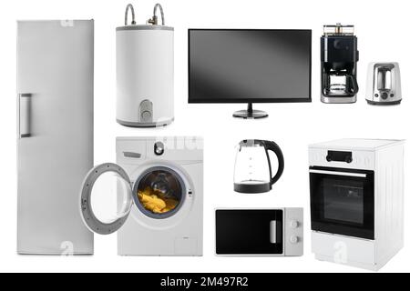 Collage d'appareils électroménagers modernes sur fond blanc Banque D'Images