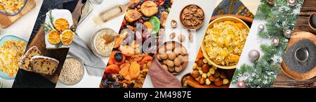 Collage d'un délicieux plat de kutya avec un stollen de Noël, des ingrédients et des décorations, vue du dessus Banque D'Images