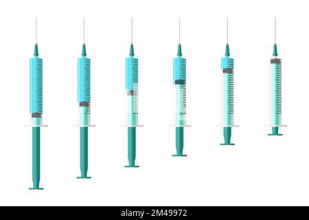 Jeu de dispositifs d'application pour seringues à usage médical. Seringues d'injection de médicaments vides et remplies de liquide. Collecte des injections sous-cutanées et intramusculaires. Vaccin de soins et de traitement. Vecteur Illustration de Vecteur