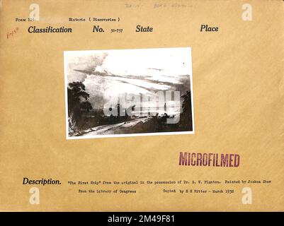 Le premier navire de l'original en la possession du Dr G. W. Planton. Peint par Joshua Shaw. Légende originale: 'Le premier navire' de l'original en la possession du Dr G. W. Planton. Peint par Joshua Shaw. De la Bibliothèque du Congrès. Copié par H H Ritter - Mars 1938. Banque D'Images