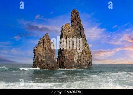 Roche, aiguille de roche, Ilheus da Rib, Ribeira da Janela, dans la lumière du soir, côte nord, île de Madère, Portugal Banque D'Images